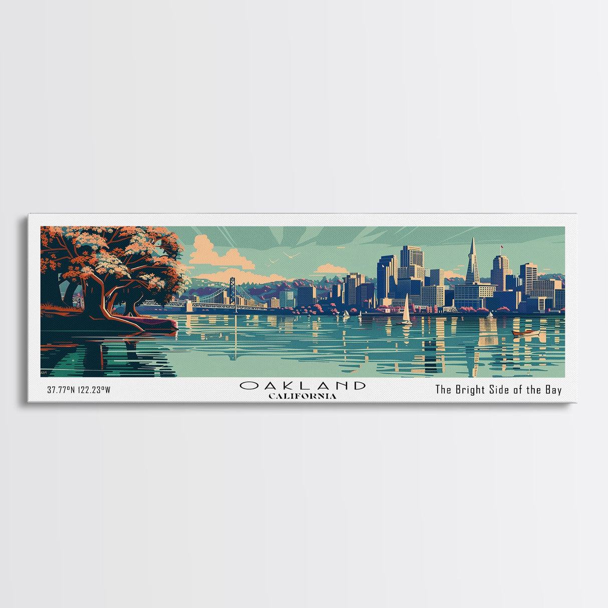 Oakland California Panoramic View, Mid Century Modern Framed Canvas Print, Retro Pop Art Travel Poster, Home Decor, Living Room Art