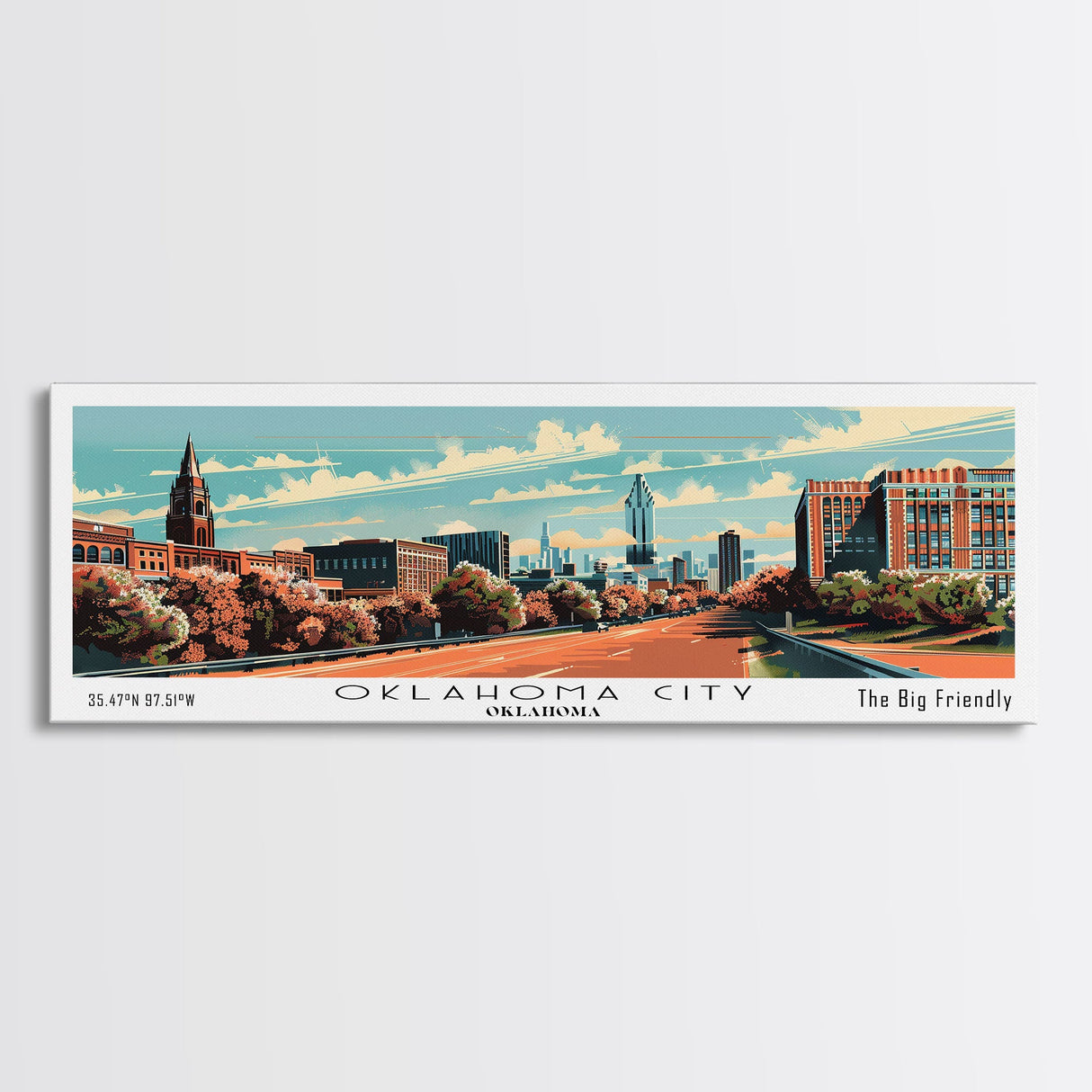 Oklahoma City Oklahoma Panoramic Wall Art, Mid Century Modern Framed Canvas Print, Retro Pop Art Travel Poster, Office Decor, Gift Idea