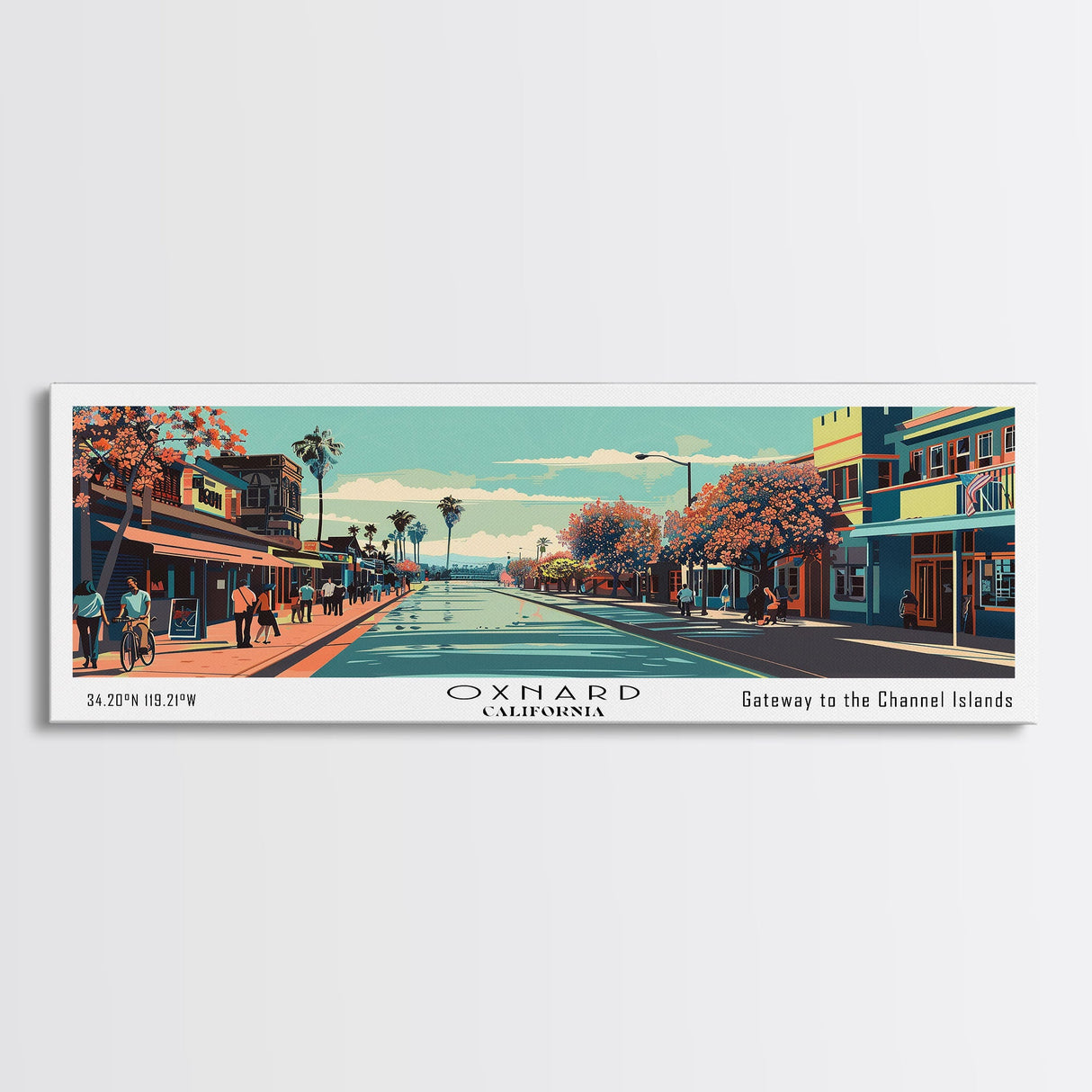 Oxnard California Panoramic Painting, Mid Century Modern Framed Canvas Print, Retro Pop Art Travel Poster, Living Room Decor, City Art