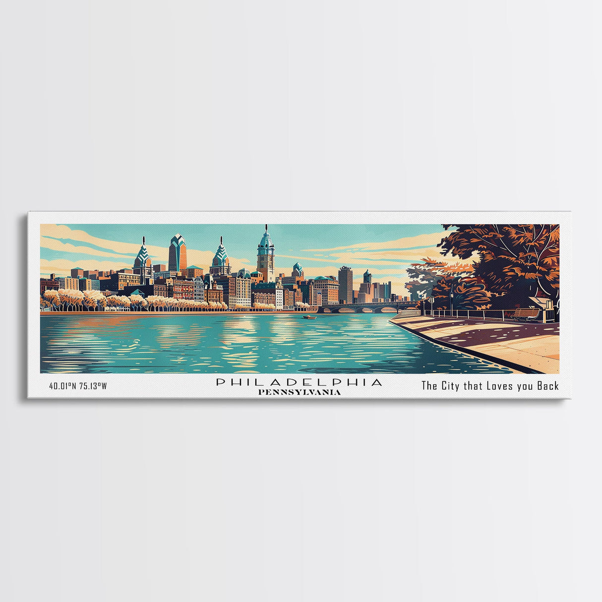 Philadelphia Pennsylvania Panoramic Painting, Mid Century Modern Framed Canvas Print, Retro Pop Art Travel Poster, Home Decor, Cityscape Art