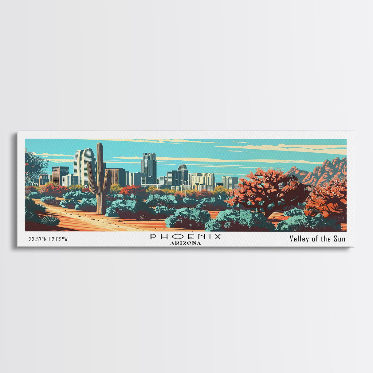 Phoenix Arizona Panoramic View, Mid Century Modern Framed Canvas Print, Retro Pop Art Travel Poster, Living Room Wall Decor