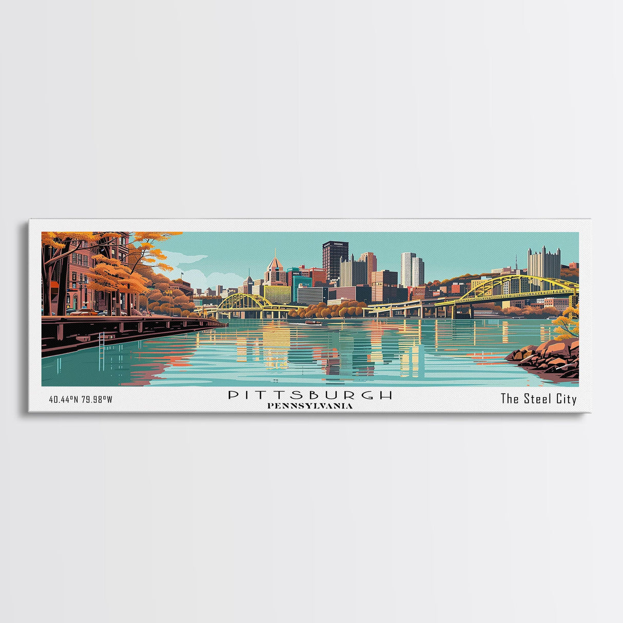 Pittsburgh Pennsylvania Panoramic Wall Art, Mid Century Modern Framed Canvas Print, Retro Pop Art Travel Poster, Office Decor, Gift Idea