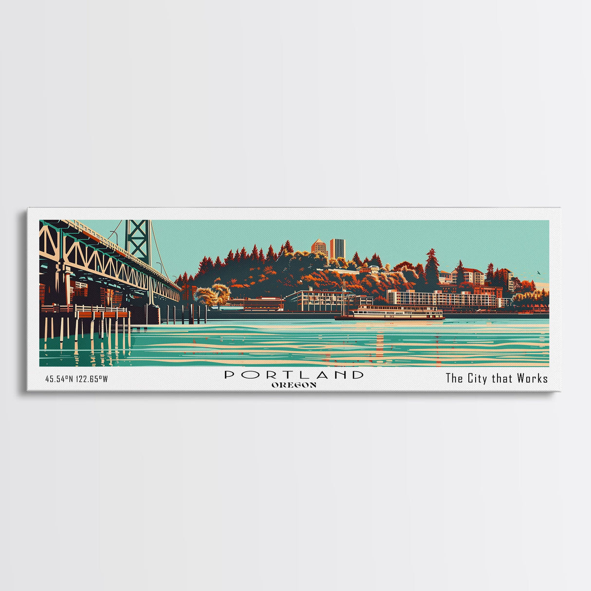 Portland Oregon Panoramic Wall Art, Mid Century Modern Framed Canvas Print, Retro Pop Art Travel Poster, Office Decor, Living Room Art