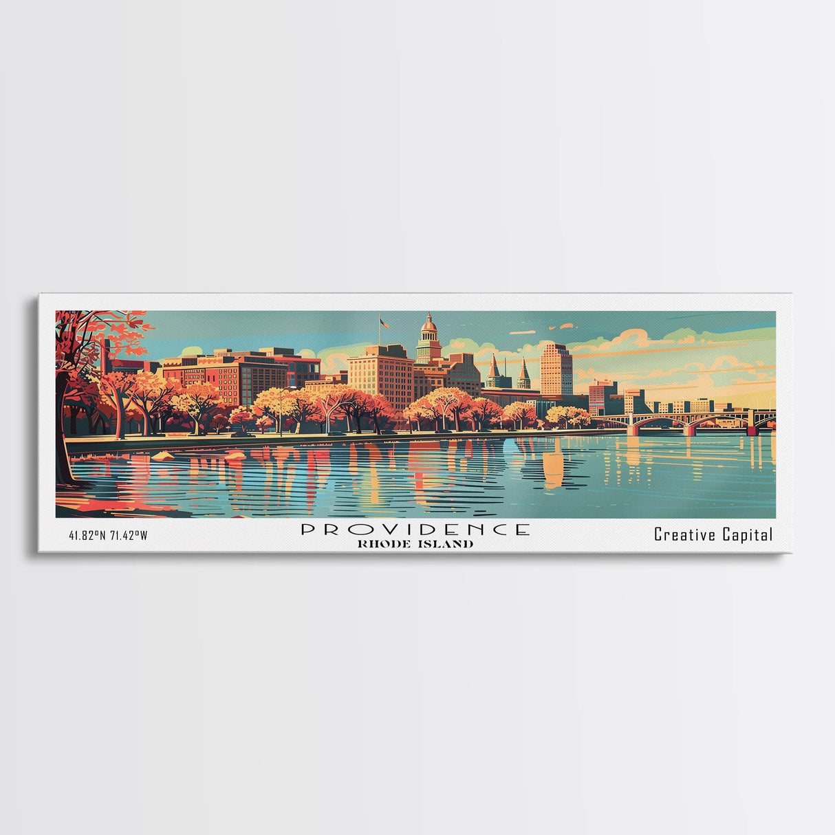 Providence Rhode Island Panoramic View, Mid Century Modern Framed Canvas Print, Retro Pop Art Travel Poster, Living Room Wall Decor