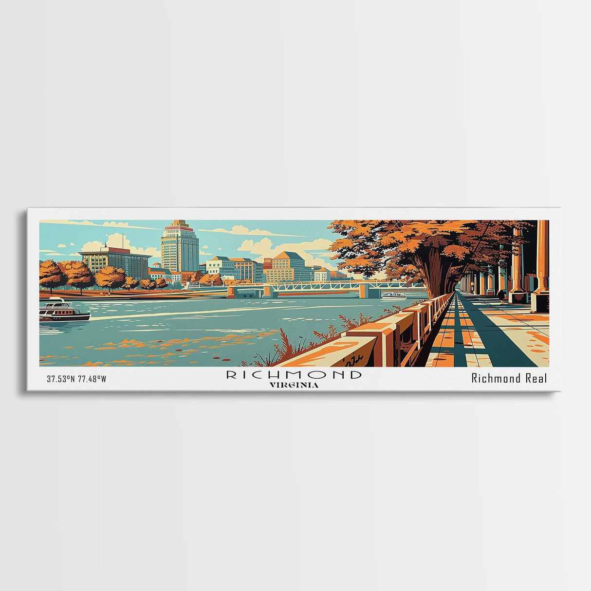 Richmond Virginia Panoramic Wall Art, Mid Century Modern Framed Canvas Print, Retro Pop Art Travel Poster, Office Decor, Cityscape Art