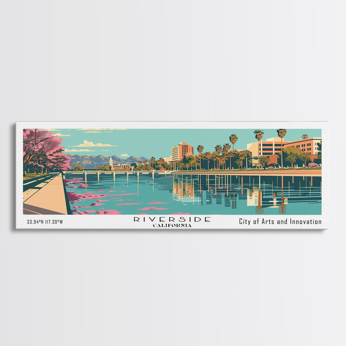 Riverside California Panoramic Wall Art, Mid Century Modern Framed Canvas Print, Retro Pop Art Cityscape, Travel Poster, Living Room Decor