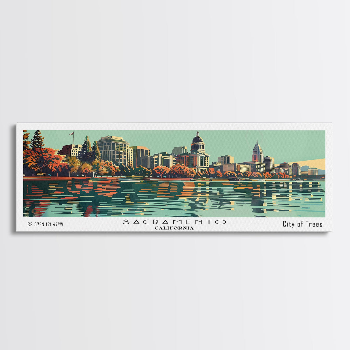 Sacramento California Panoramic Painting, Mid Century Modern Framed Canvas Print, Retro Pop Art Travel Poster, Cityscape, Home Decor, Office Wall Art