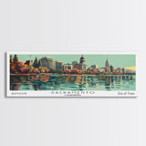 Sacramento California Panoramic Painting, Mid Century Modern Framed Canvas Print, Retro Pop Art Travel Poster, Cityscape, Home Decor, Office Wall Art