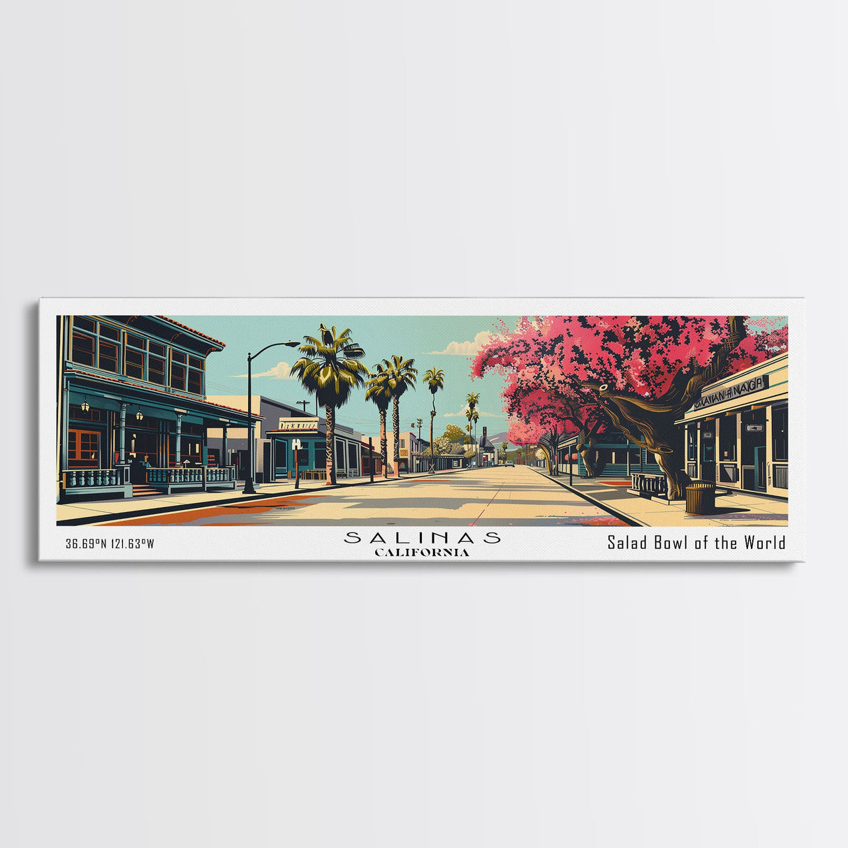 Salinas California Panoramic Painting, Mid Century Modern Framed Canvas Print, Retro Pop Art Travel Poster, Cityscape, Home Decor, Office Wall Art