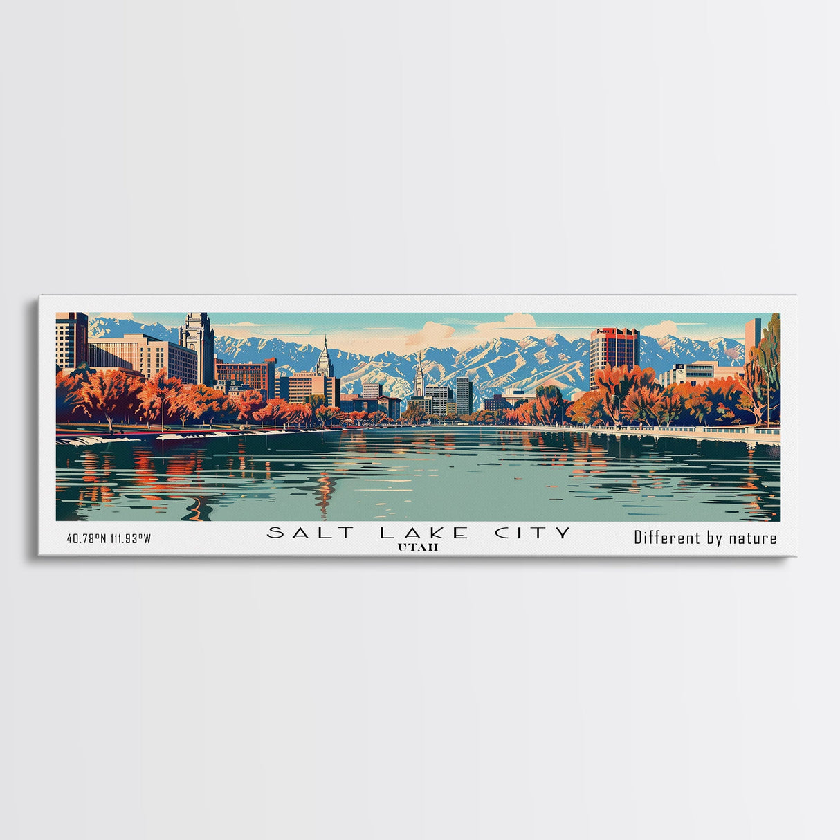 Salt Lake City Utah Panoramic Wall Art, Mid Century Modern Framed Canvas Print, Retro Pop Art Cityscape, Travel Poster, Living Room Decor