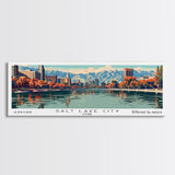 Salt Lake City Utah Panoramic Wall Art, Mid Century Modern Framed Canvas Print, Retro Pop Art Cityscape, Travel Poster, Living Room Decor