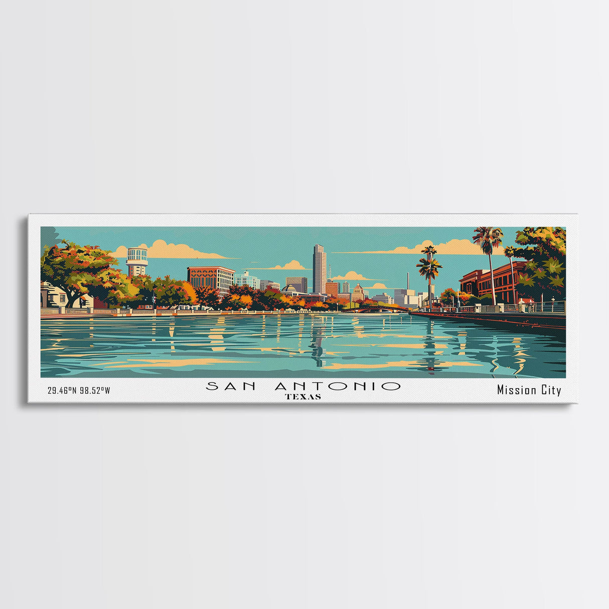 San Antonio Texas Panoramic Painting, Mid Century Modern Framed Canvas Print, Retro Pop Art Travel Poster, Cityscape, Home Decor, Office Wall Art