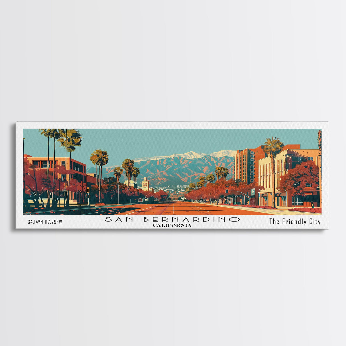 San Bernardino California Panoramic Wall Art, Mid Century Modern Framed Canvas Print, Retro Pop Art Cityscape, Travel Poster, Living Room Decor