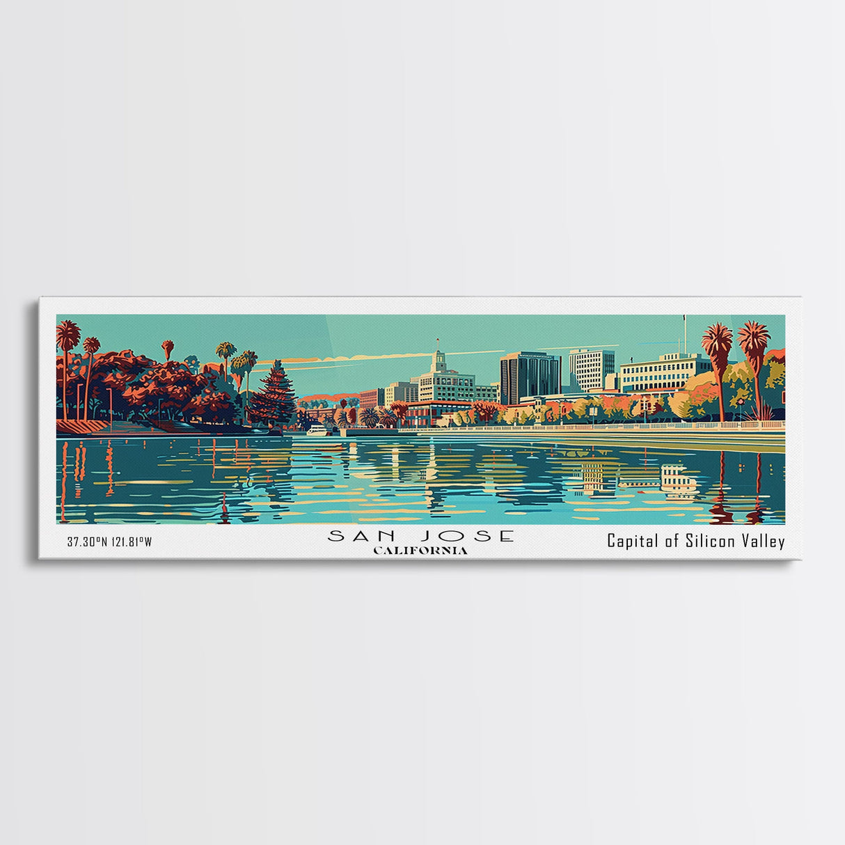 San Jose California Panoramic Painting, Mid Century Modern Framed Canvas Print, Retro Pop Art Travel Poster, Cityscape, Home Decor, Office Wall Art