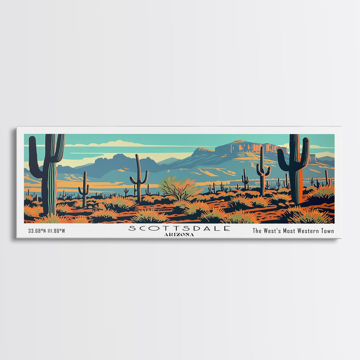 Scottsdale Arizona Panoramic Painting, Mid Century Modern Framed Canvas Print, Retro Pop Art Travel Poster, Cityscape, Home Decor, Office Wall Art