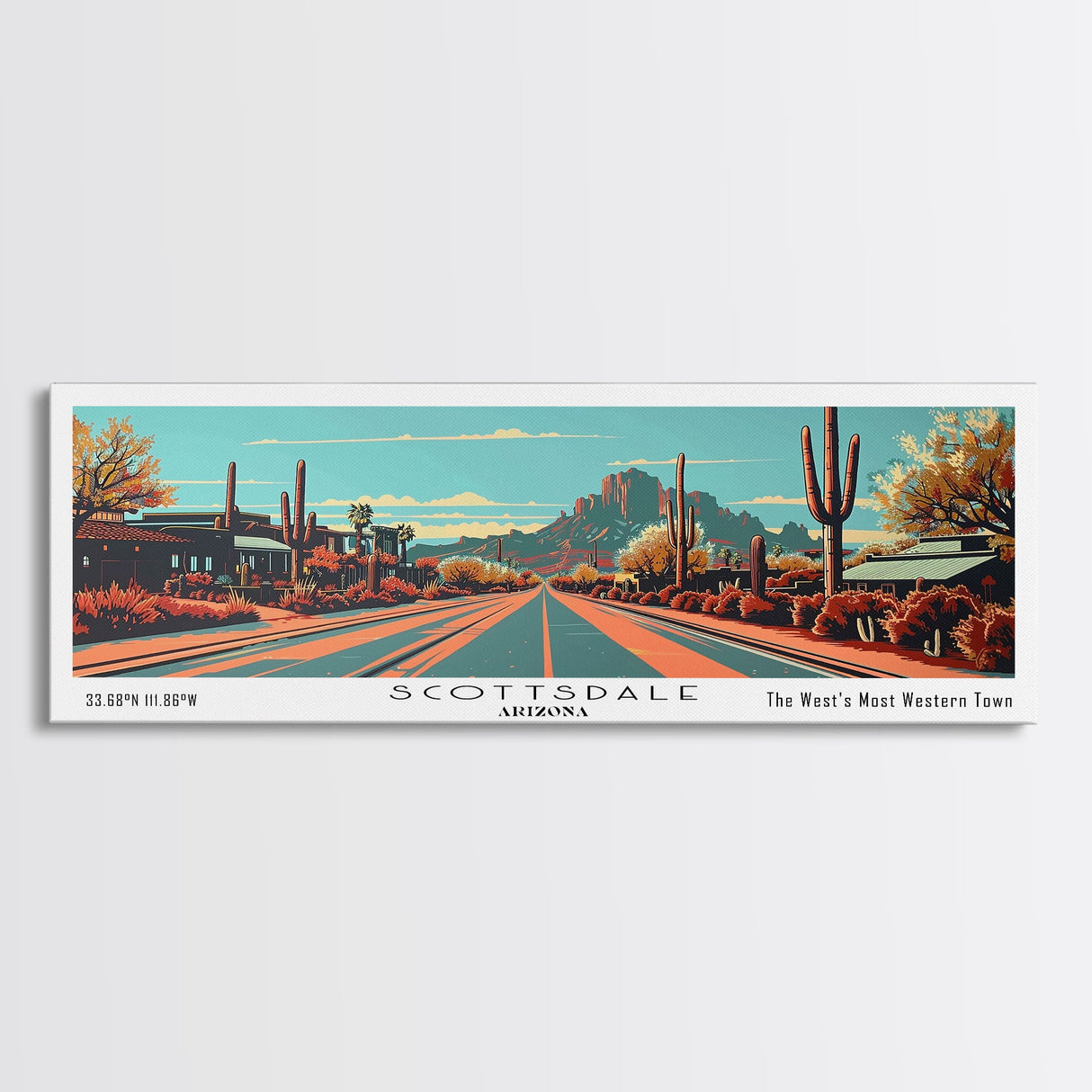 Scottsdale Arizona Panoramic Wall Art, Mid Century Modern Framed Canvas Print, Retro Pop Art Cityscape, Travel Poster, Living Room Decor