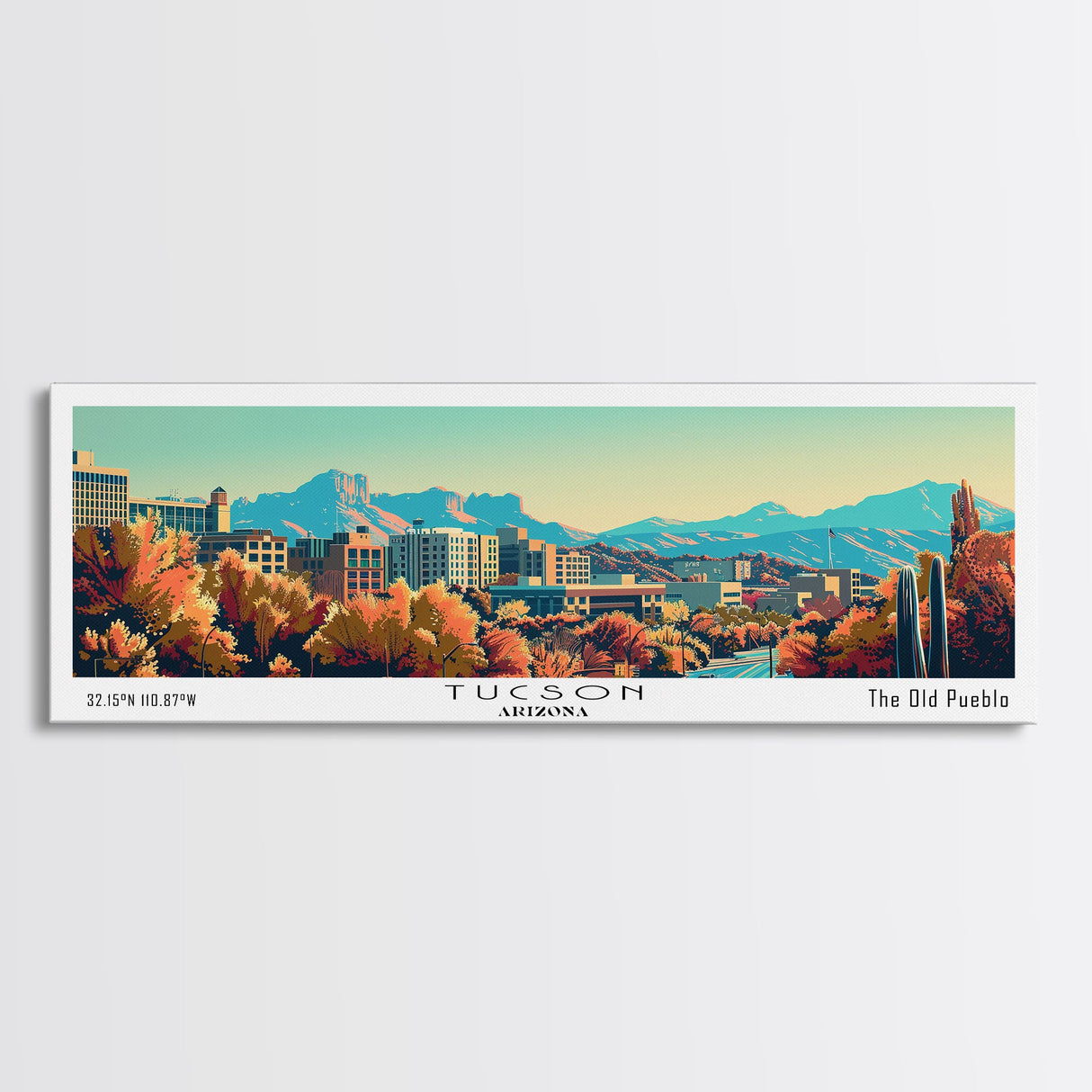 Tucson Arizona Panoramic Painting, Mid Century Modern Framed Canvas Print, Retro Pop Art Travel Poster, Cityscape, Home Decor, Office Wall Art