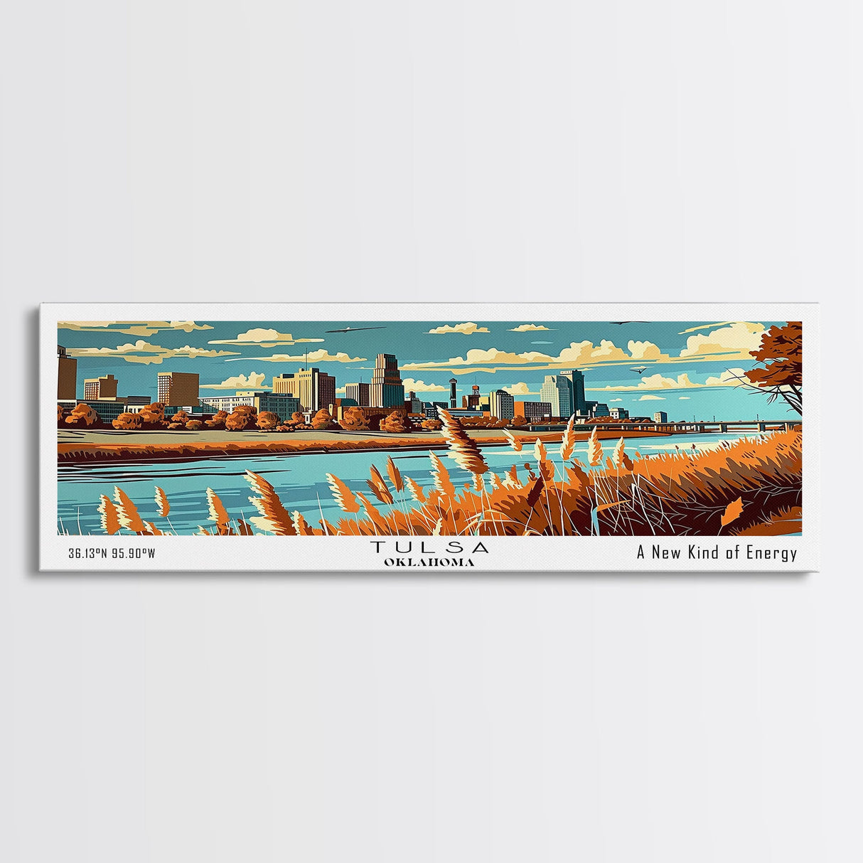 Tulsa Oklahoma Panoramic Wall Art, Mid Century Modern Framed Canvas Print, Retro Pop Art Travel Poster, Cityscape Decor, Office Wall Art