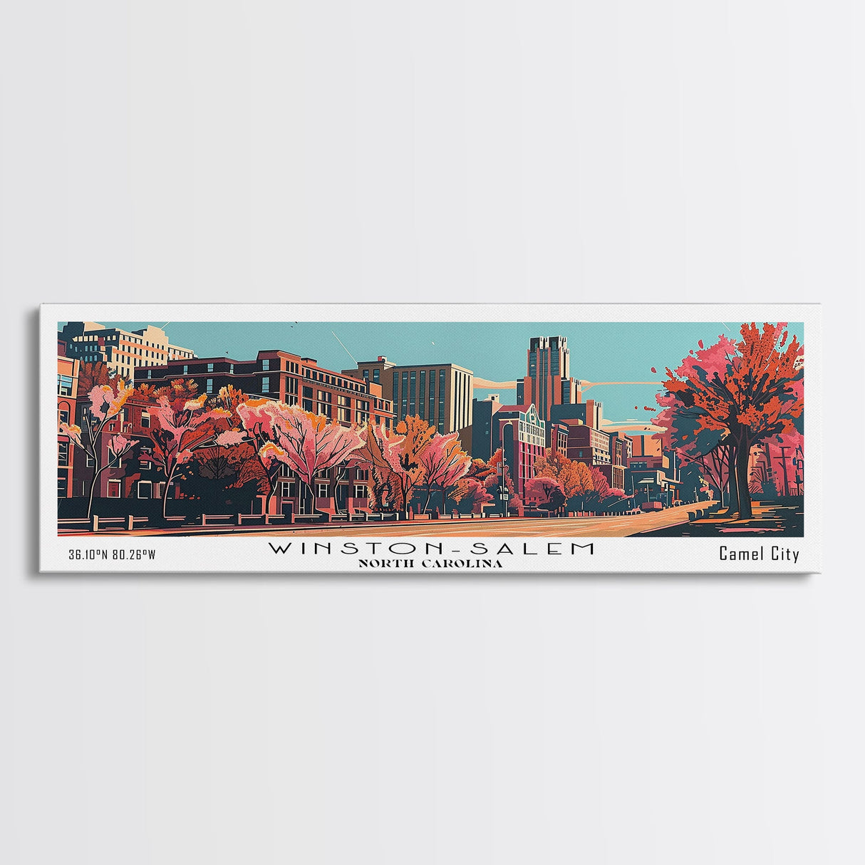 Winston-Salem North Carolina Panoramic Wall Art, Mid Century Modern Framed Canvas Print, Retro Pop Art Travel Poster, Cityscape Decor, Living Room Art