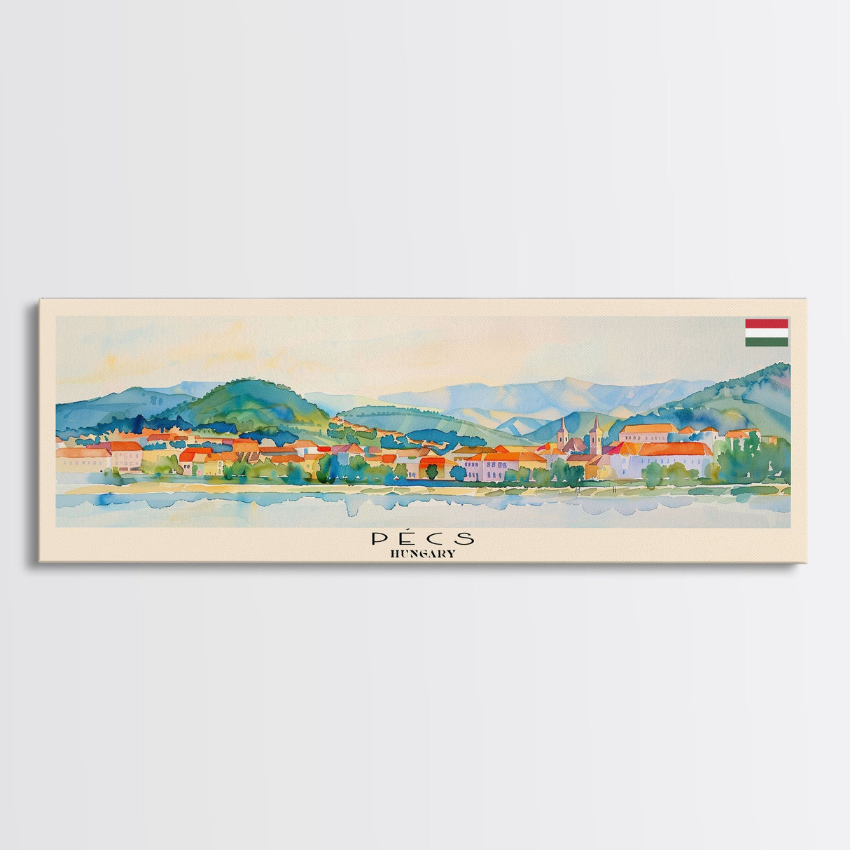 Pécs Hungary Panoramic Travel Poster, Framed Canvas Print or Metal Wall Art, Travel Art, Home Decor, Panoramic Painting, Midcentury Art