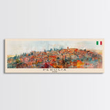 Perugia Italy Panoramic Travel Poster, Framed Canvas Print or Metal Wall Art, Travel Art, Home Decor, Panoramic Painting, Midcentury Art