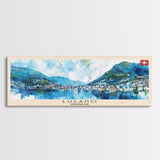 Lugano Switzerland Panoramic Travel Poster, Framed Canvas Print or Metal Wall Art, Travel Art, Home Decor, Panoramic Painting, Midcentury Art