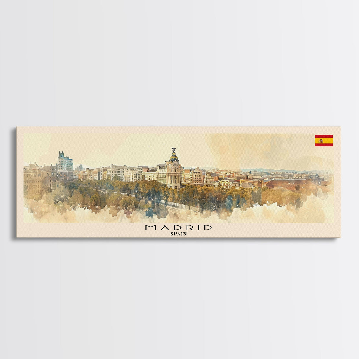 Madrid Spain Panoramic Travel Poster, Framed Canvas Print or Metal Wall Art, Travel Art, Home Decor, Panoramic Painting, Midcentury Art