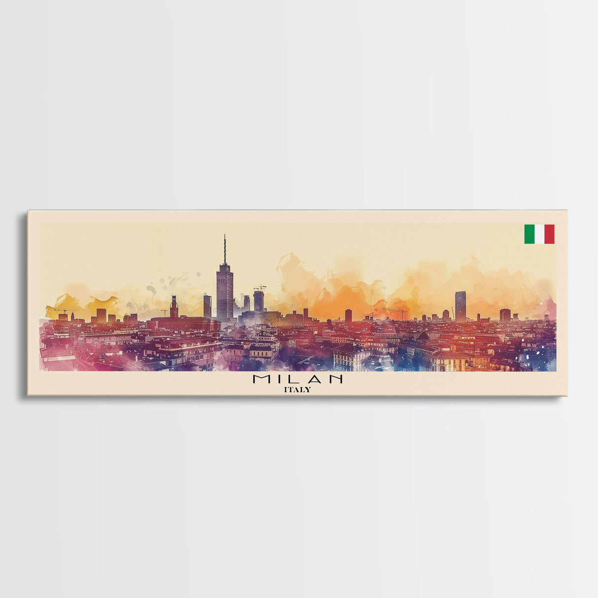 Milan Italy Panoramic Travel Poster, Framed Canvas Print or Metal Wall Art, Travel Art, Home Decor, Panoramic Painting, Midcentury Art