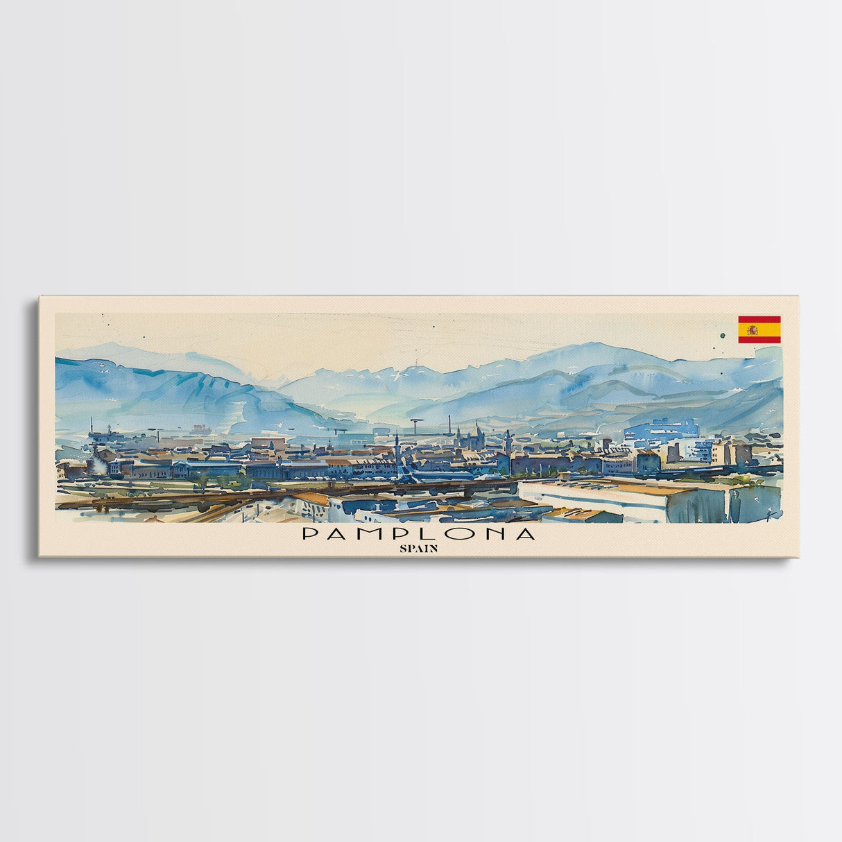 Pamplona Spain Panoramic Travel Poster, Framed Canvas Print or Metal Wall Art, Travel Art, Home Decor, Panoramic Painting, Midcentury Art