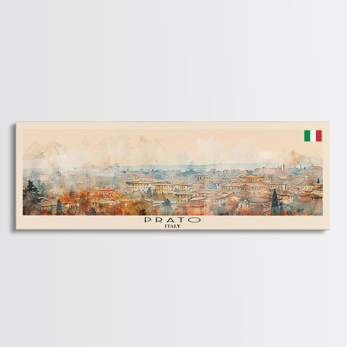 Prato Italy Panoramic Travel Poster, Framed Canvas Print or Metal Wall Art, Travel Art, Home Decor, Panoramic Painting, Midcentury Art