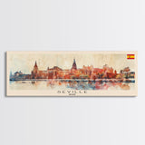 Seville Spain Panoramic Travel Poster, Framed Canvas Print or Metal Wall Art, Travel Art, Home Decor, Panoramic Painting, Midcentury Art