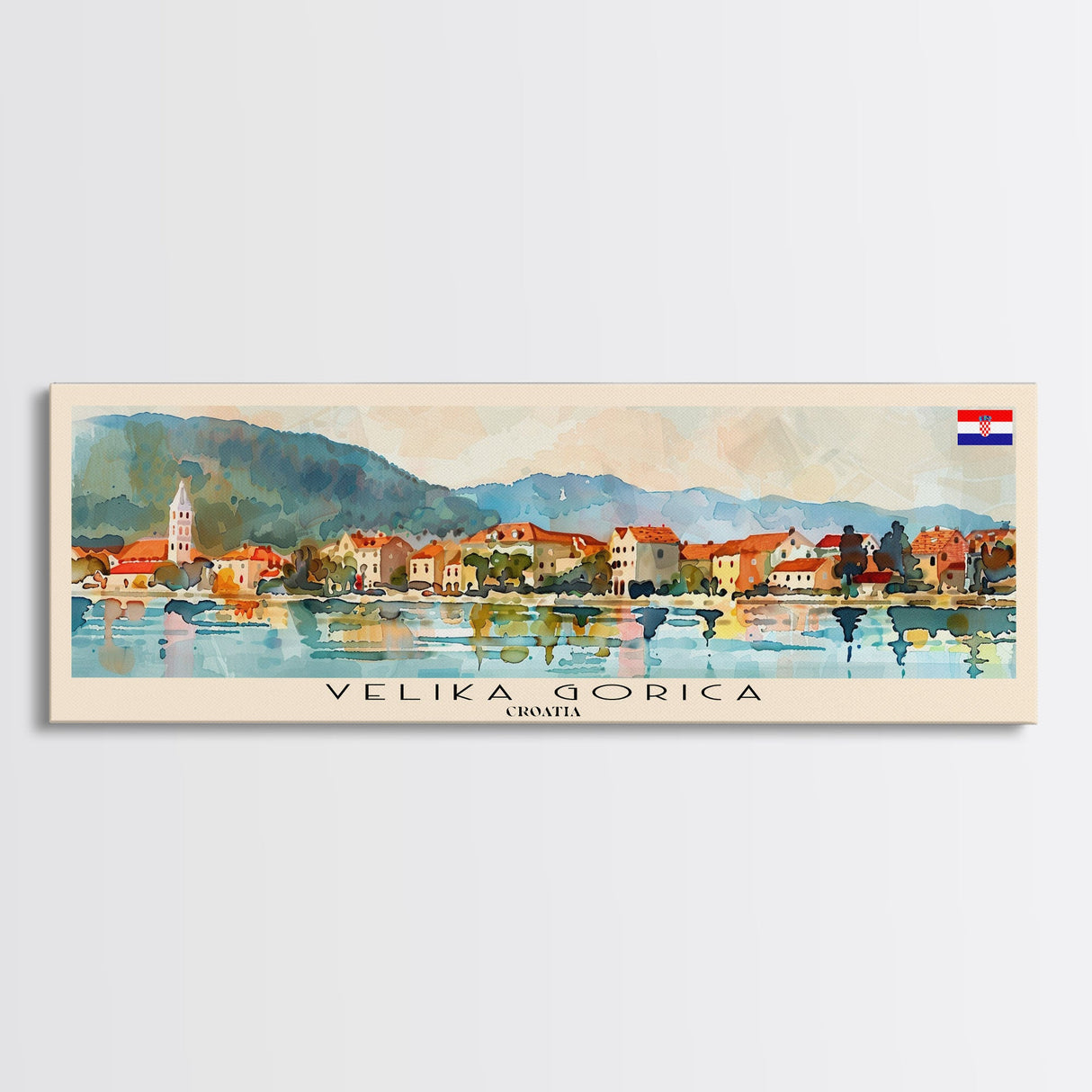 Velika Gorica Croatia Panoramic Travel Poster, Framed Canvas Print or Metal Wall Art, Travel Art, Home Decor, Panoramic Painting, Midcentury Art