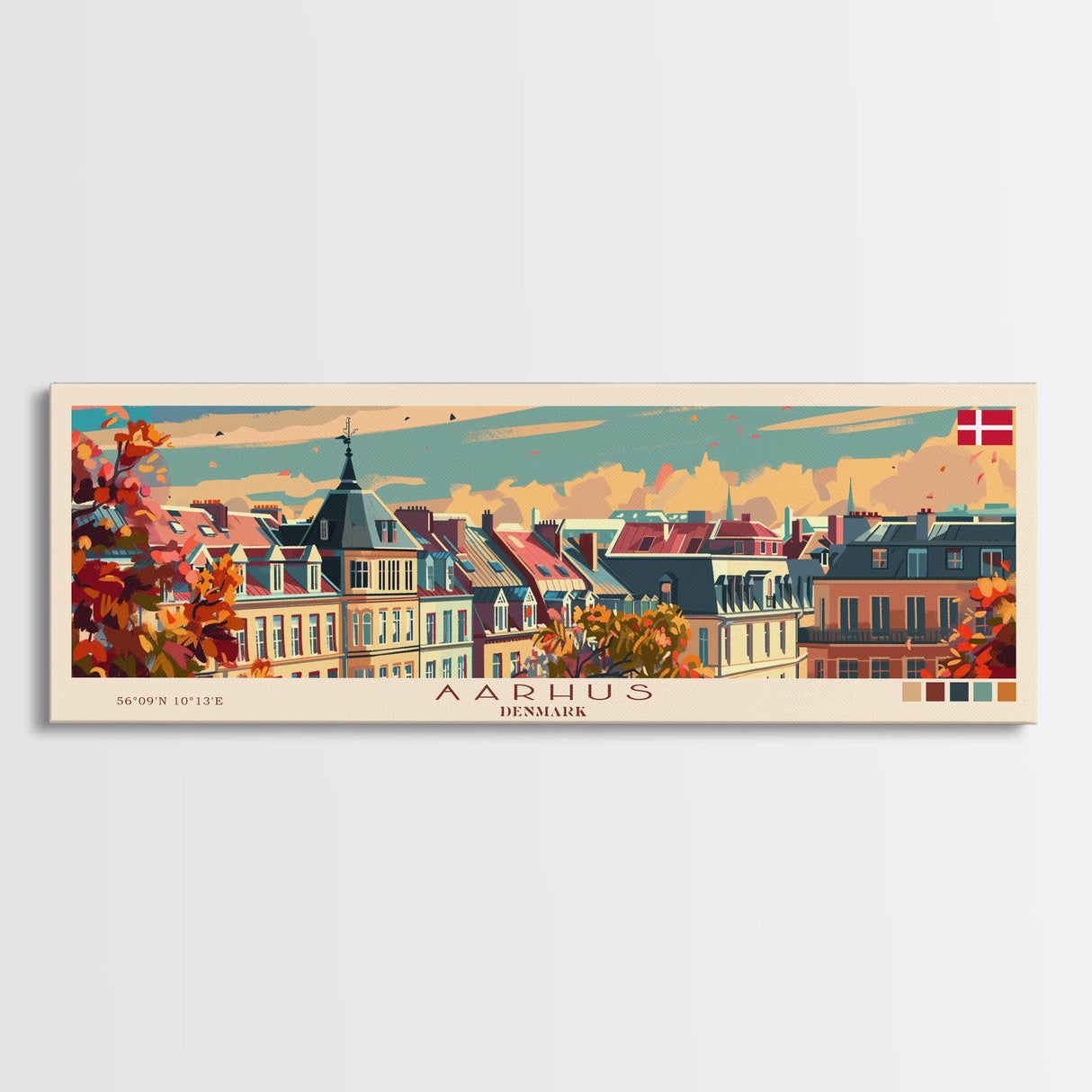 Aarhus Denmark  Panoramic Travel Poster, Framed Canvas Print or Metal Wall Art, Travel Art, Home Decor, Panoramic Painting, Midcentury Art