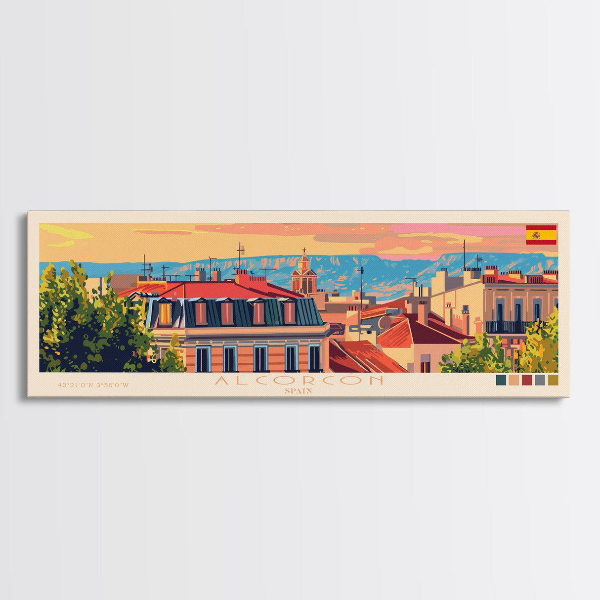 Alcorcón Spain Panoramic Travel Poster, Framed Canvas Print or Metal Wall Art, Travel Art, Home Decor, Panoramic Painting, Midcentury Art