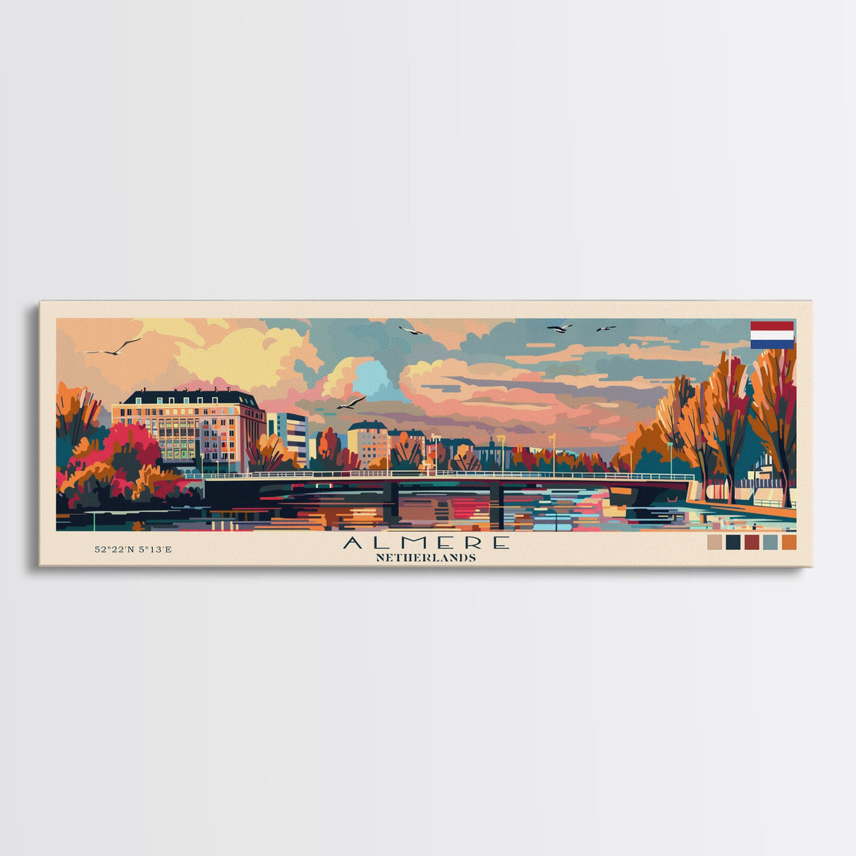 Almere Netherlands Panoramic Travel Poster, Framed Canvas Print or Metal Wall Art, Travel Art, Home Decor, Panoramic Painting, Midcentury Art