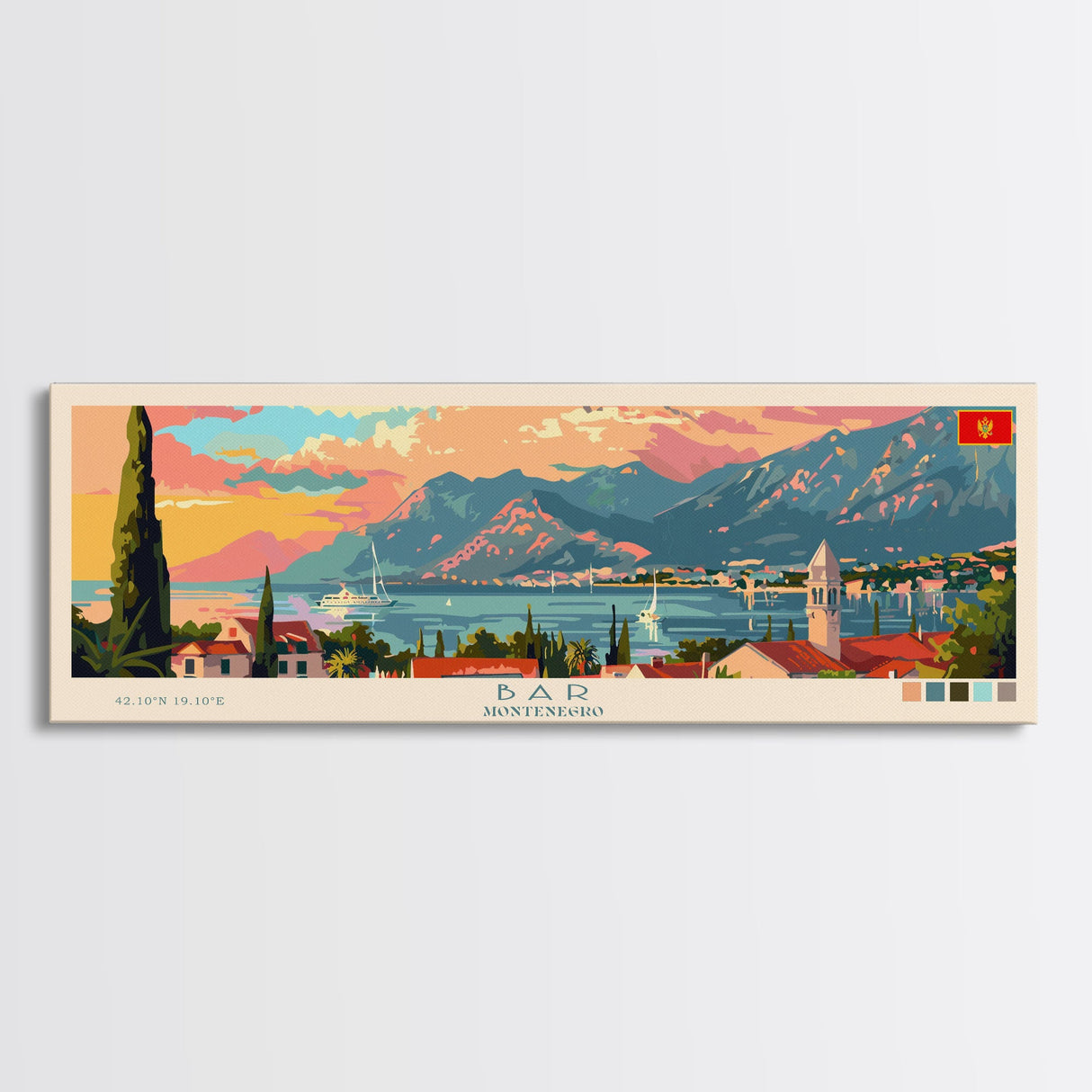 Bar Montenegro Panoramic Travel Poster, Framed Canvas Print or Metal Wall Art, Travel Art, Home Decor, Panoramic Painting, Midcentury Art