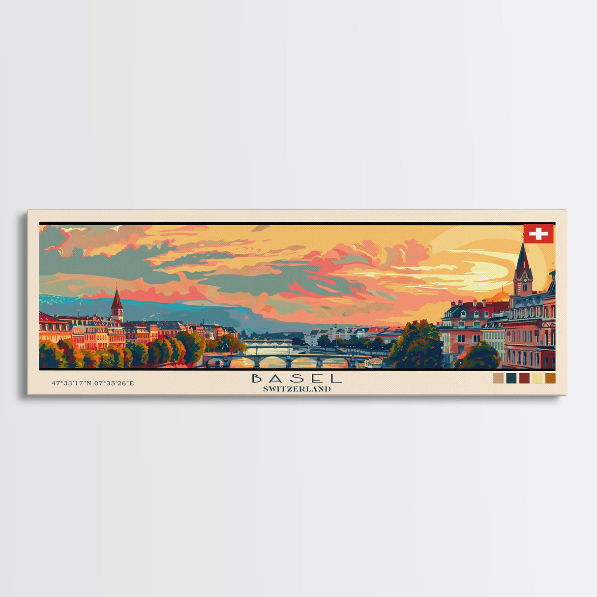 Basel SwitzerlandTravel Art, City Art, Framed Canvas Print or Metal Wall Art, Europe Travel Poster, Panoramic Wall Art, Extra Wide Wall Art