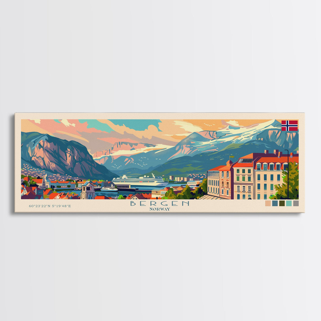 Bergen Norway Wall Art, Panoramic Travel Poster, Panoramic Framed Canvas Print, City Wall Art, Wall Hanging Home Decor, Travel Art