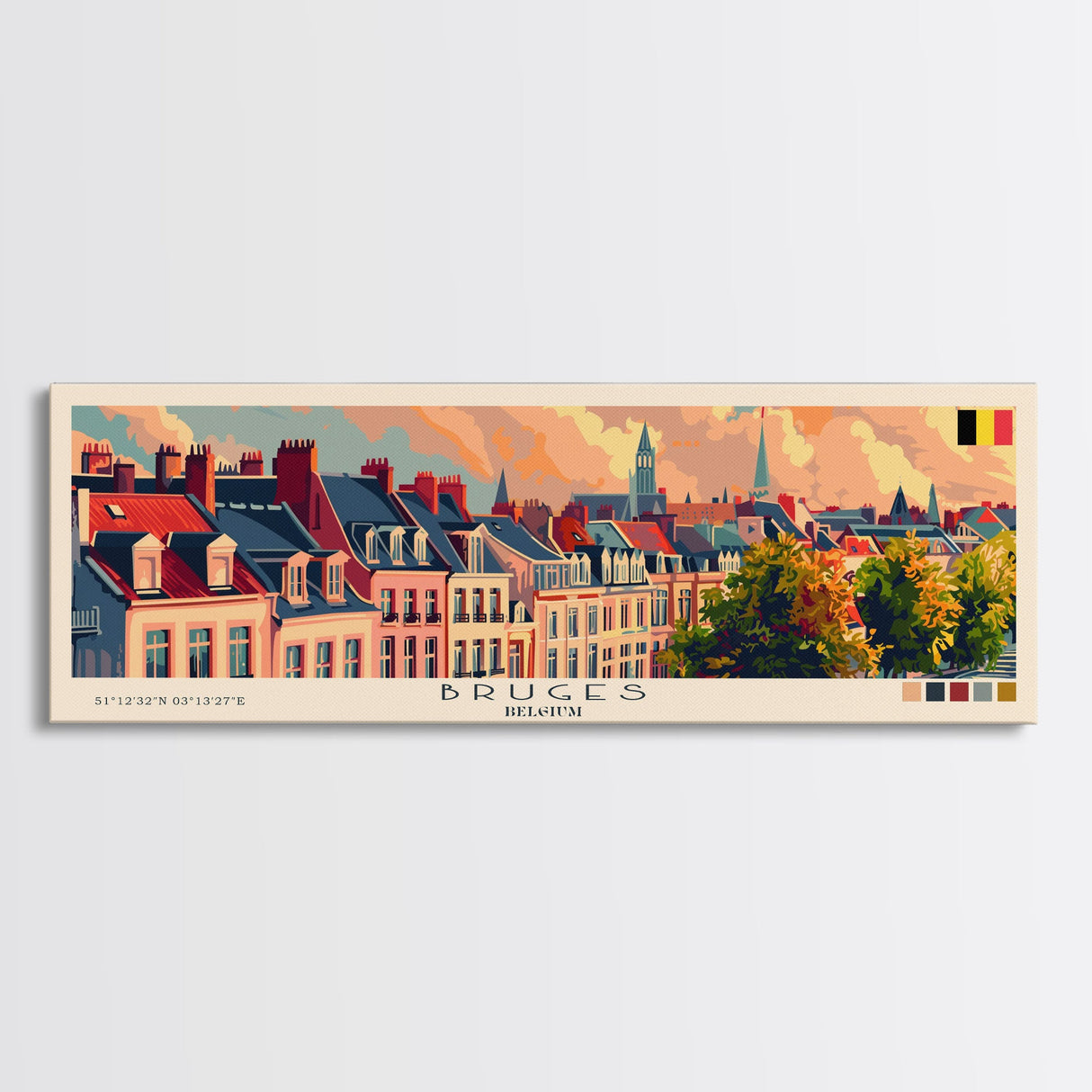 Bruges Belgium Travel Art, City Art, Framed Canvas Print or Metal Wall Art, Europe Travel Poster, Panoramic Wall Art, Extra Wide Wall Art