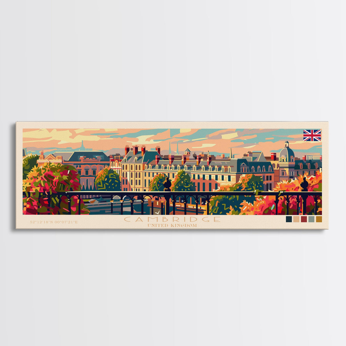 Cambridge United Kingdom Travel Print Wall Art, Panoramic City Art, Travel Art, Wall Decor, Vacation Gift, Framed Canvas Print Or Metal Art