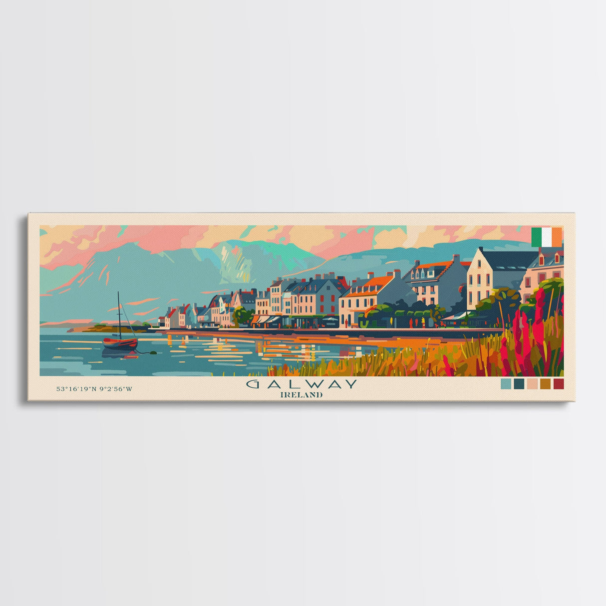 Galway Ireland Panoramic Travel Poster, Framed Canvas Print or Metal Wall Art, Travel Art, Home Decor, Panoramic Painting, Midcentury Art