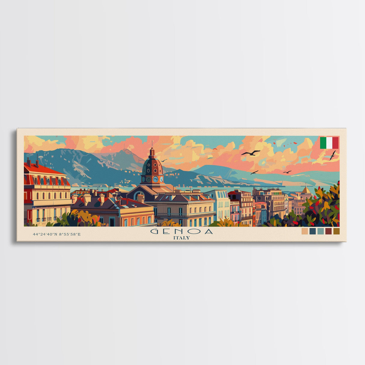 Genoa Italy Travel Art, City Art, Framed Canvas Print or Metal Wall Art, Europe Travel Poster, Panoramic Wall Art, Extra Wide Wall Art