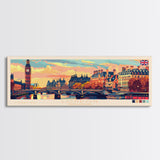 London United Kingdom Panoramic Travel Poster, Framed Canvas Print or Metal Wall Art, Travel Art, Home Decor, Panoramic Painting, Midcentury Art