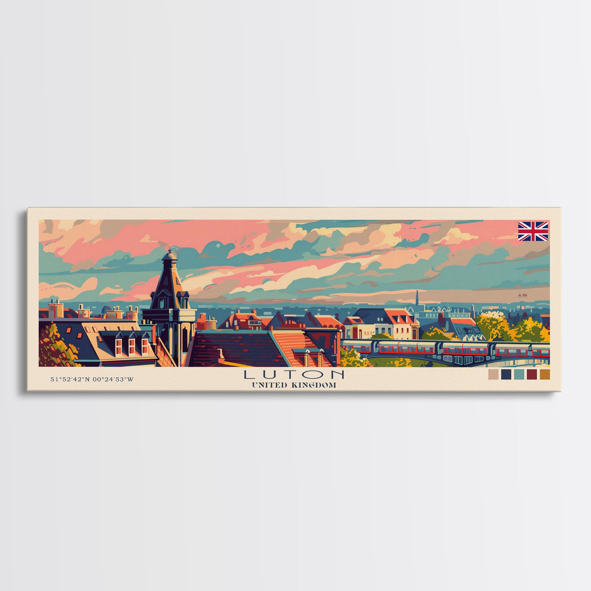 Luton United Kingdom Travel Art, City Art, Framed Canvas Print or Metal Wall Art, Europe Travel Poster, Panoramic Wall Art, Extra Wide Wall Art