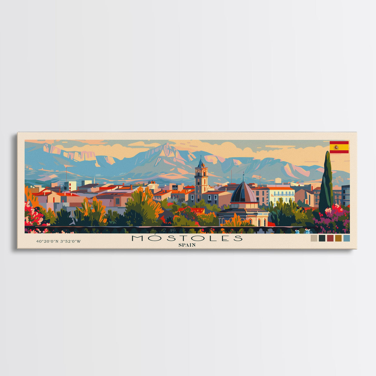 Mostoles Spain Panoramic Travel Poster, Framed Canvas Print or Metal Wall Art, Travel Art, Home Decor, Panoramic Painting, Midcentury Art