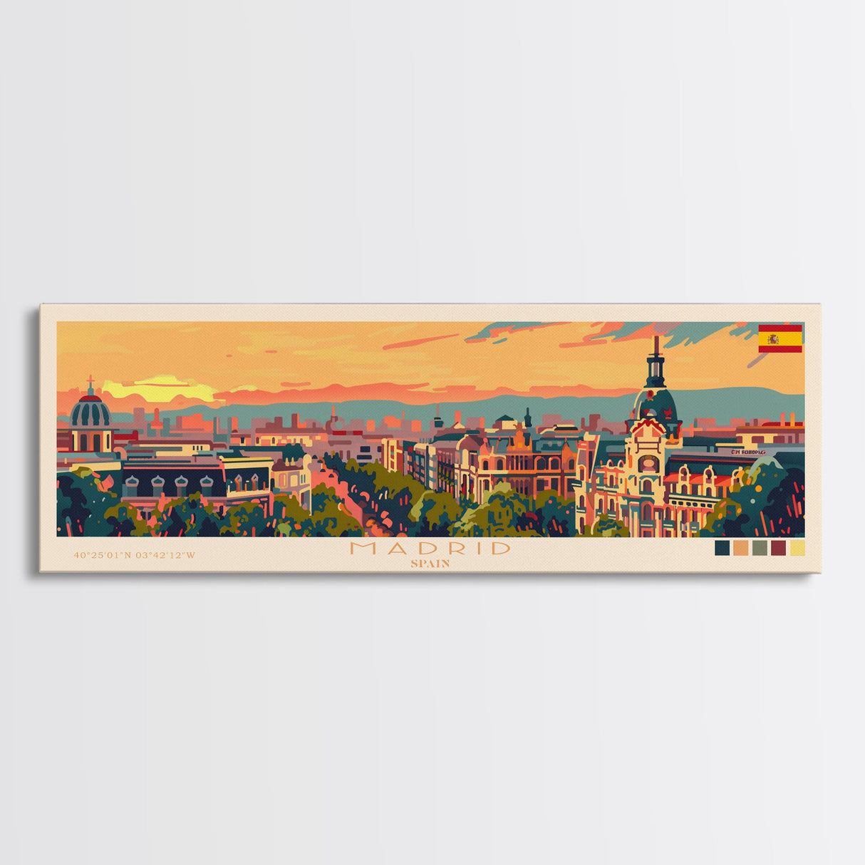 Madrid Spain Panoramic Travel Poster, Framed Canvas Print or Metal Wall Art, Travel Art, Home Decor, Panoramic Painting, Midcentury Art