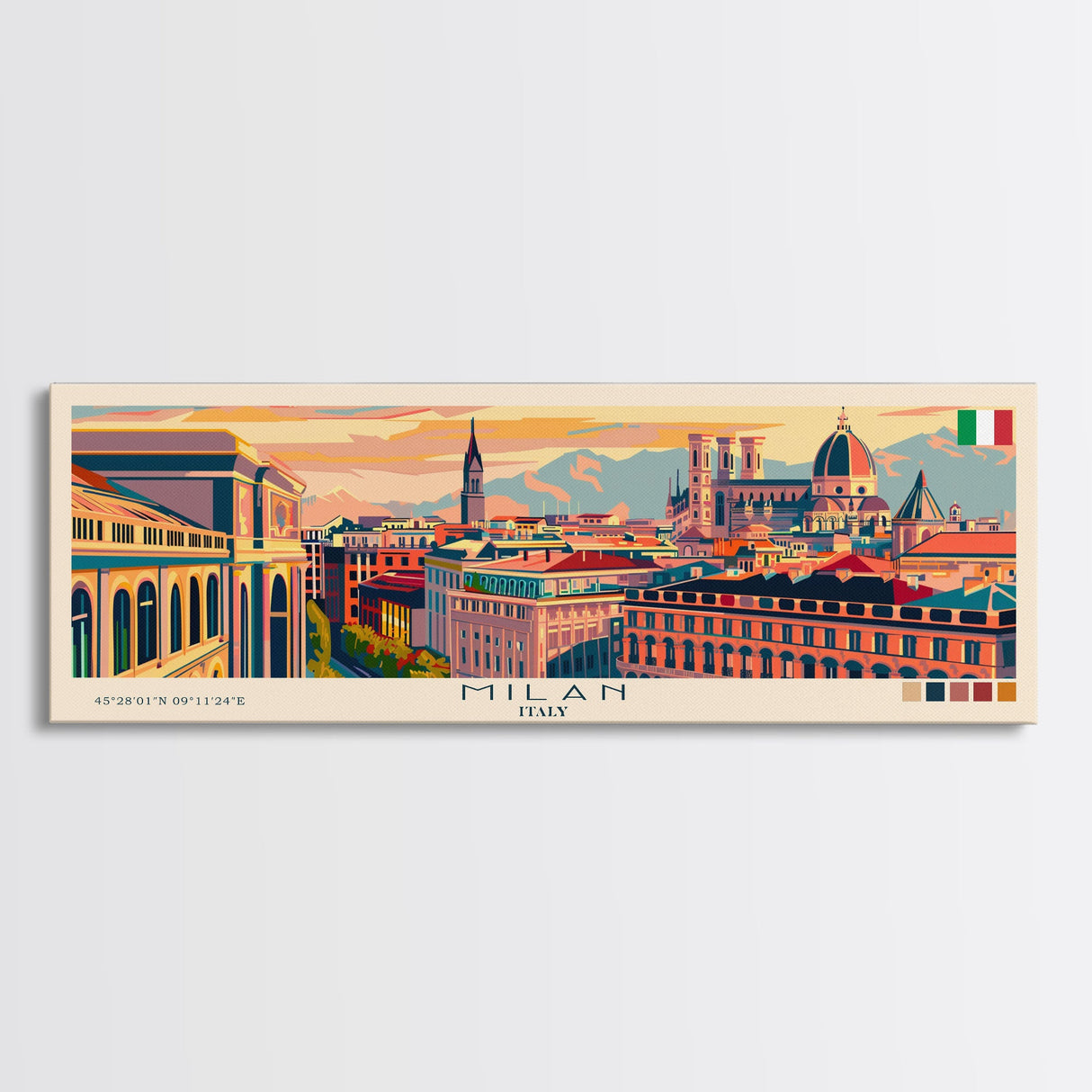 Milan Italy Panoramic Travel Poster, Framed Canvas Print or Metal Wall Art, Travel Art, Home Decor, Panoramic Painting, Midcentury Art