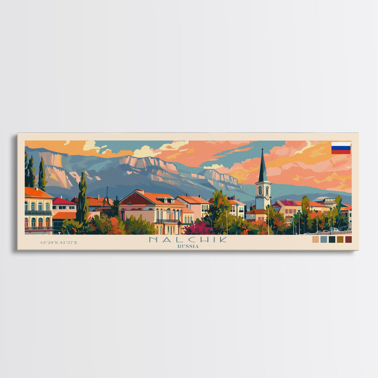 Nalchik Russia Panoramic Travel Poster, Framed Canvas Print or Metal Wall Art, Travel Art, Home Decor, Panoramic Painting, Midcentury Art