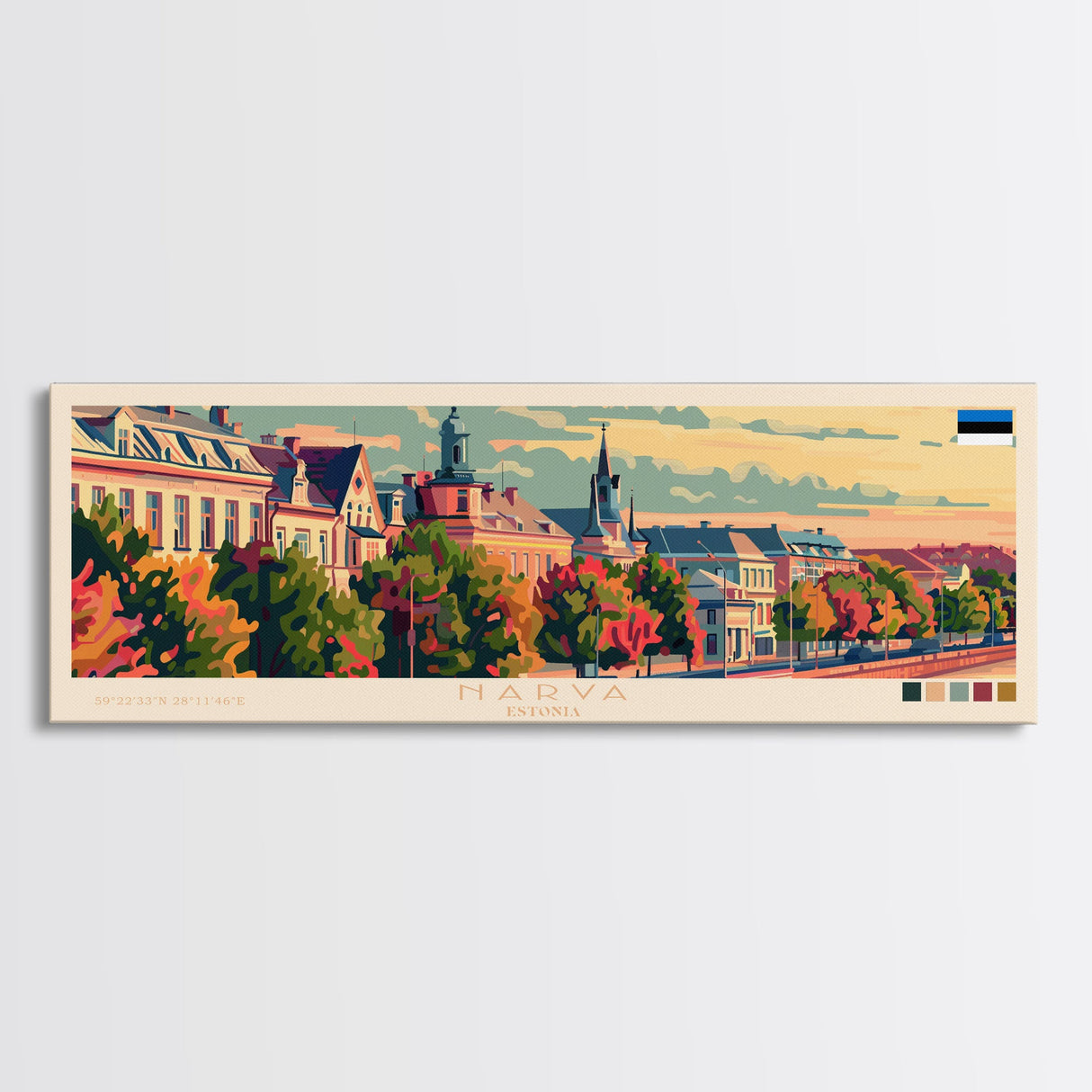 Narva Estonia Panoramic Travel Poster, Framed Canvas Print or Metal Wall Art, Travel Art, Home Decor, Panoramic Painting, Midcentury Art