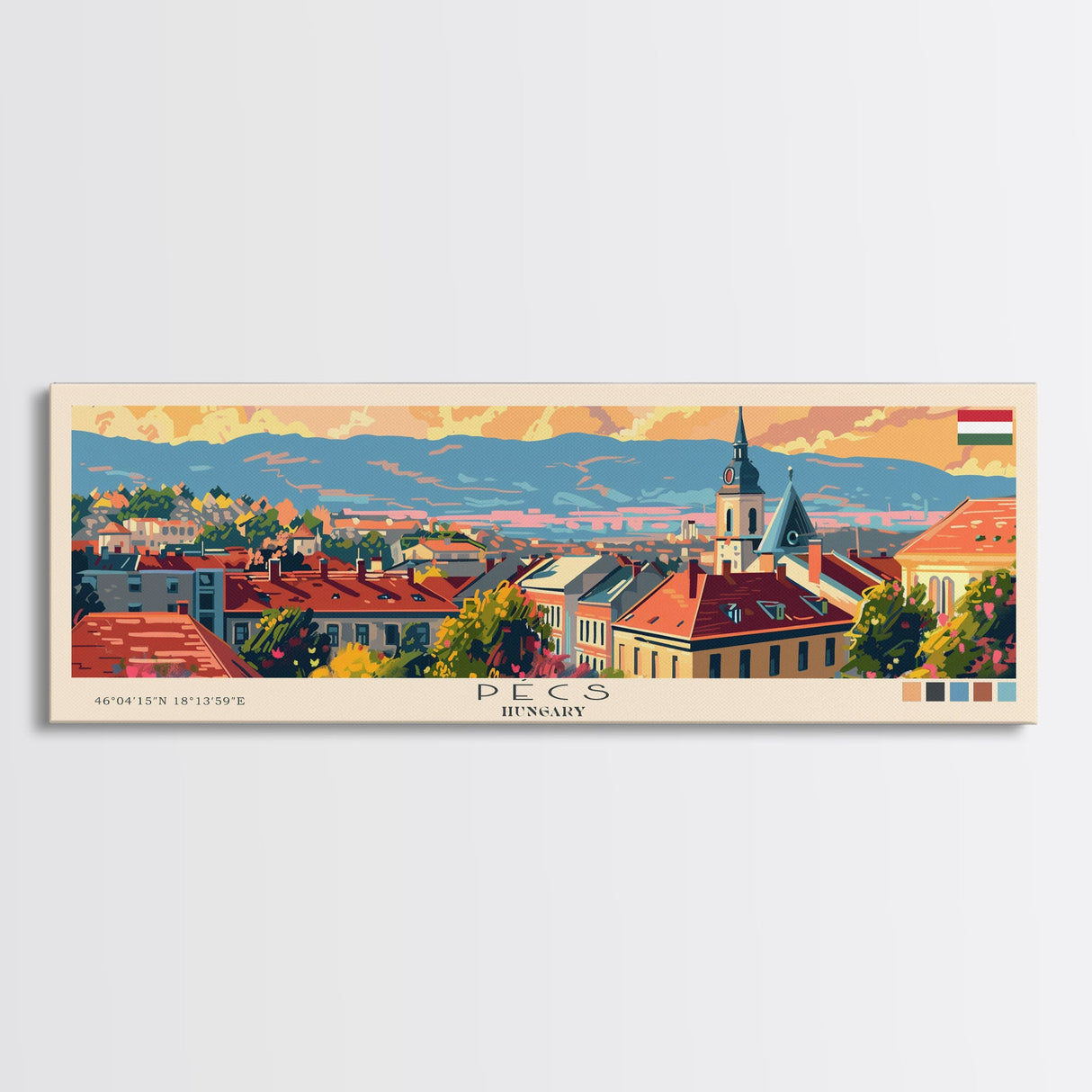 Pécs Hungary Panoramic Travel Poster, Framed Canvas Print or Metal Wall Art, Travel Art, Home Decor, Panoramic Painting, Midcentury Art